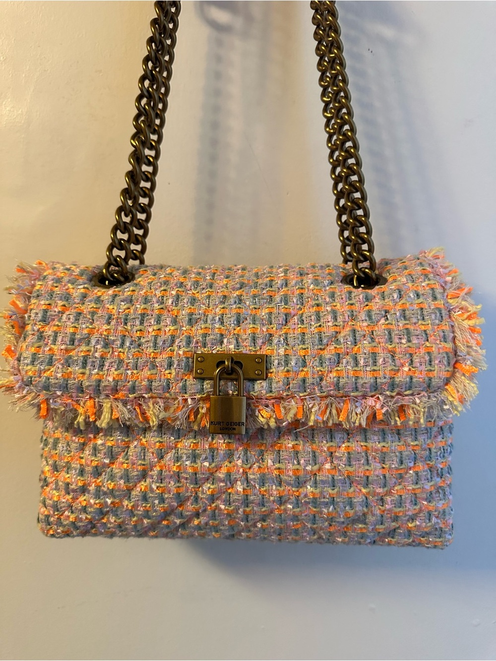Kurt Geiger Tweed Brixton Lock Shoulder Bag in Lilac and Orange with Chain Strap